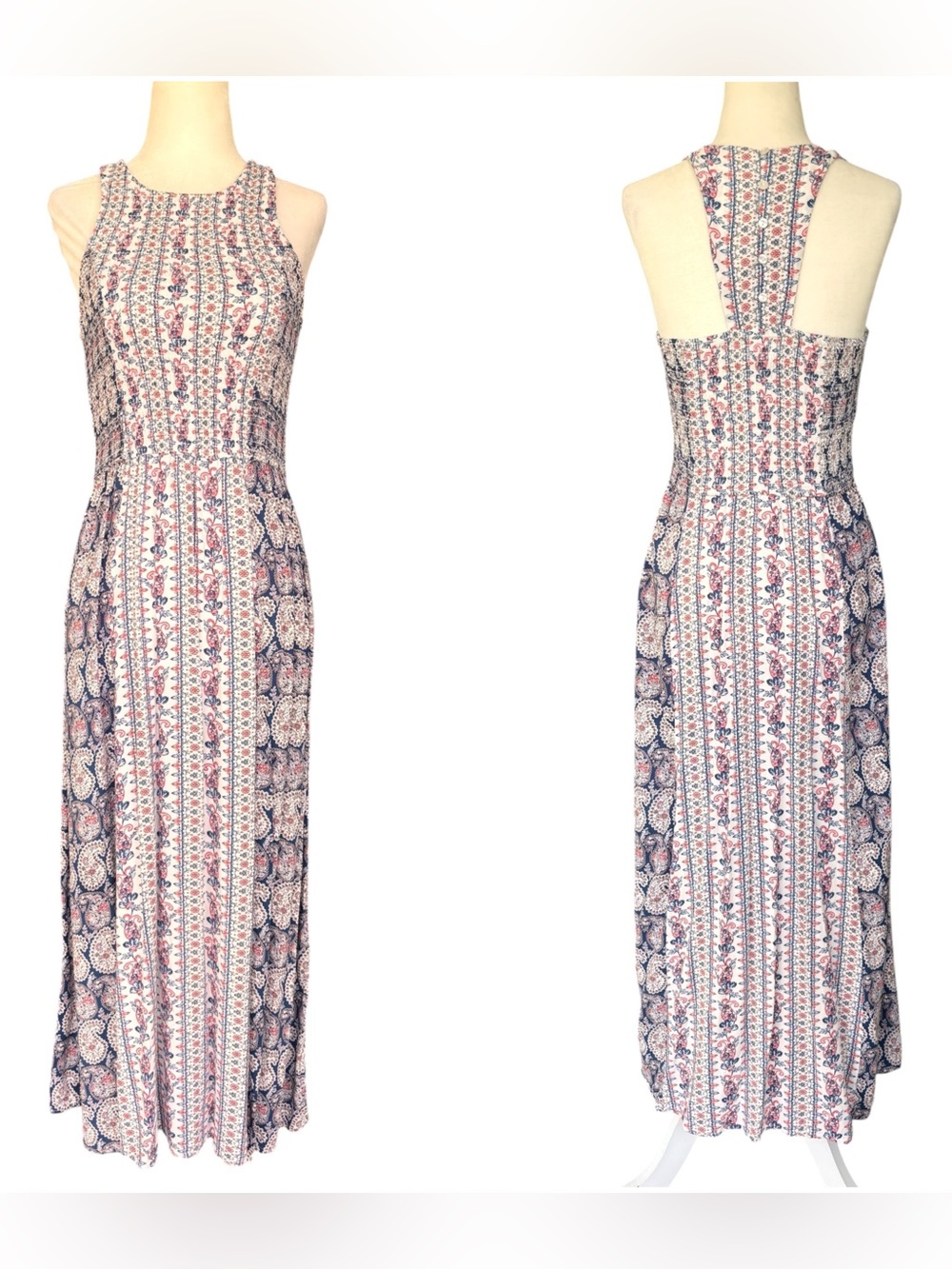 Japna Navy Blue and White Printed Maxi Dress